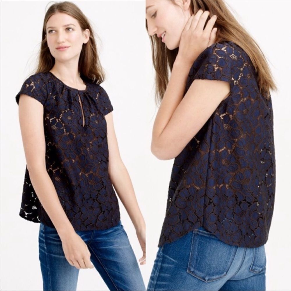 J Crew Cap Sleeve Semi Sheer Floral Lace Top